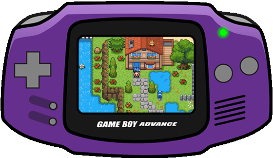 A purple Game Boy Advance displaying Pokémon Darkfire
